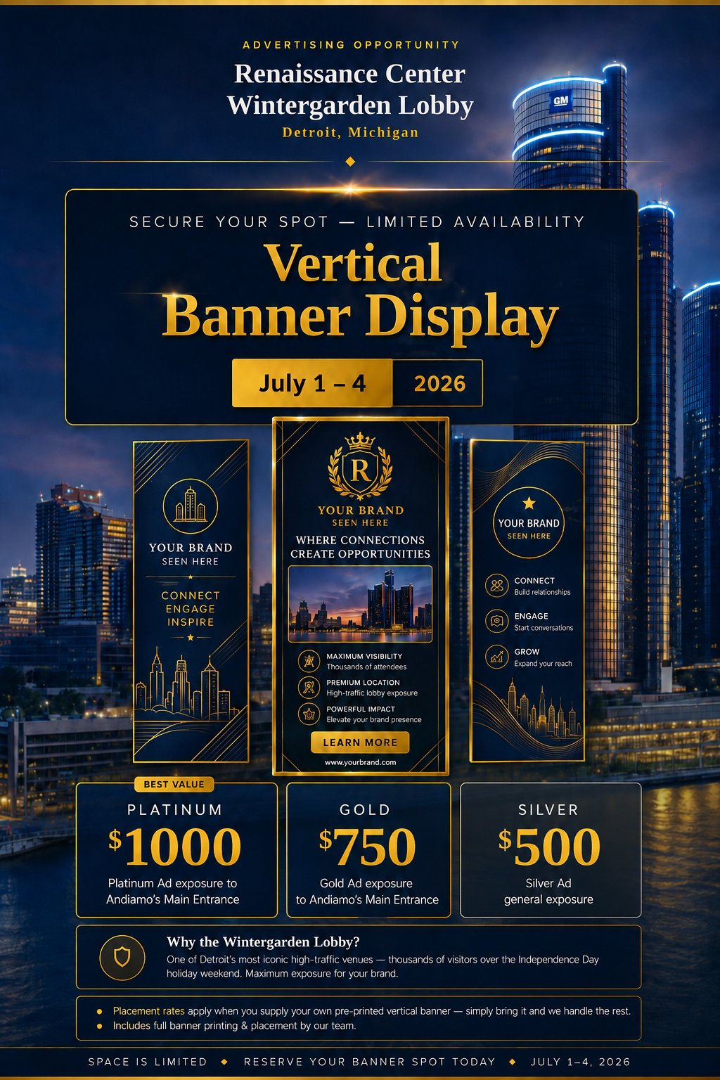 Vertical Banner Display advertising opportunity at the Renaissance Center Wintergarden Lobby, Detroit — July 1–4, 2026. Platinum $1000, Gold $750, Silver $500 sponsorship tiers.